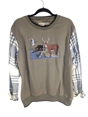 Victory Outfitters Plaid Sleeve Deer Bird Fish Nature Crewneck Sweater Large